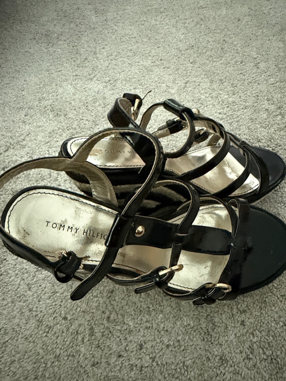Tommy Hilfiger Black Strappy Patent-Heel Sandals with Gold Accents